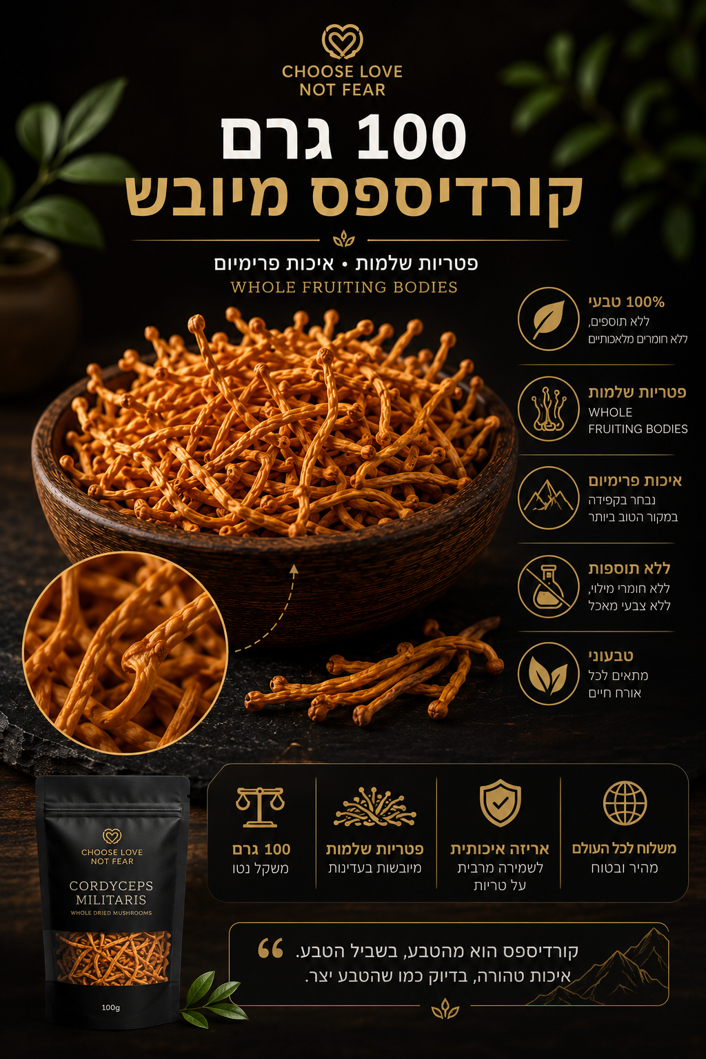 Premium Whole Dried Cordyceps Militaris Mushrooms (100g) | Fruiting Bodies | No Fillers | Vegan