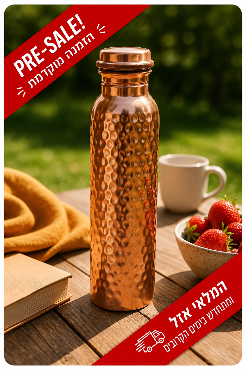 בקבוק מים 100% נחושת טהורה - גימור מחוספס